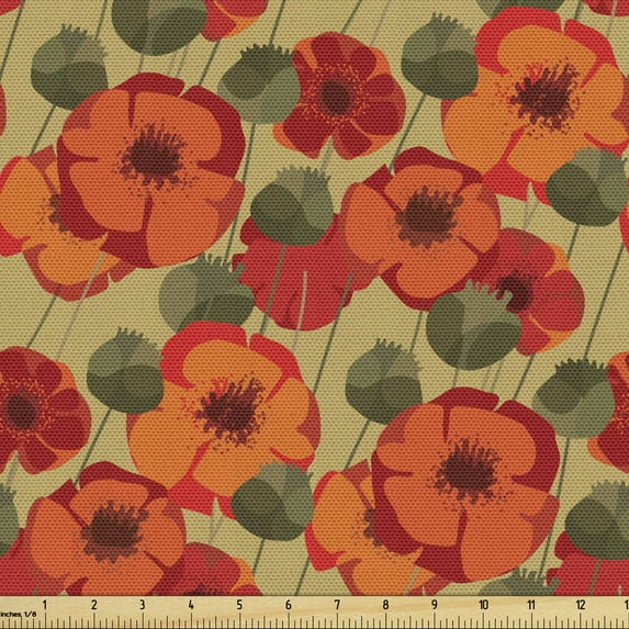 Ambesonne Floral Fabric by the Yard Upholstery, Botanical Spring Poppy Petal, 1 Yard, Khaki Fawn and Vermilion