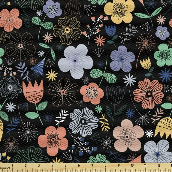 Floral Fabric by the Yard, Spring Season View of Various Flowers and Leaves, Decorative Upholstery Fabric for Chairs & Home Accents, Charcoal Grey Multicolor by Ambesonne