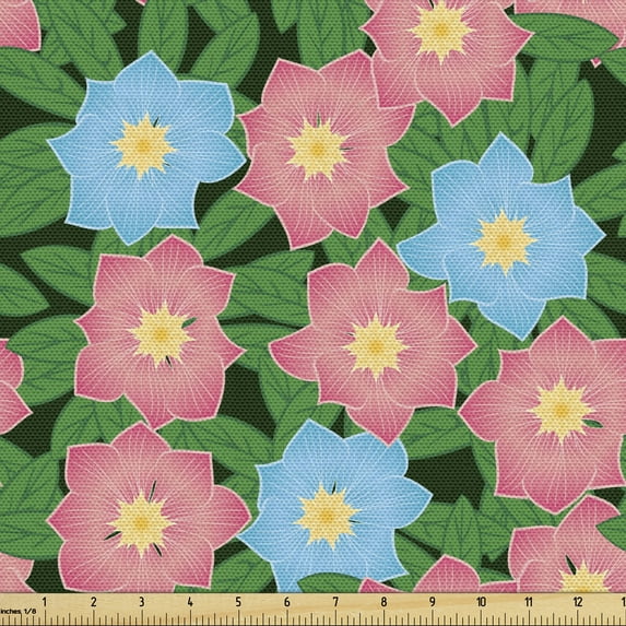 Floral Fabric by the Yard, Spring Time Graphic Flower Petals and Leaves Meadow Rural Nature Scene, Upholstery Fabric for Dining Chairs Home Decor Accents, Green Coral Pale Blue by Ambesonne