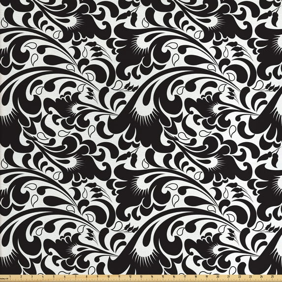 Floral Fabric by the Yard, Style Vintage Flowers Leaves Swirls and Drops Illustration, Decorative Upholstery Fabric for Chairs & Home Accents, Seal Brown White by Ambesonne