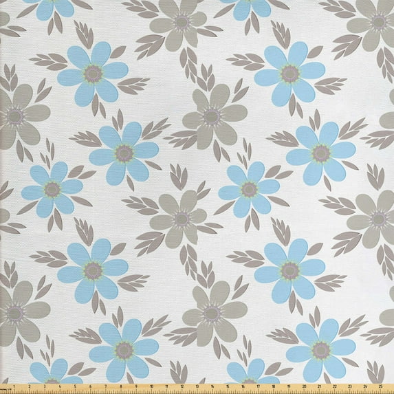 Ambesonne Floral Fabric by the Yard Upholstery, Summer Flora Blue Flowers, 5 Yards, Pale Blue and White