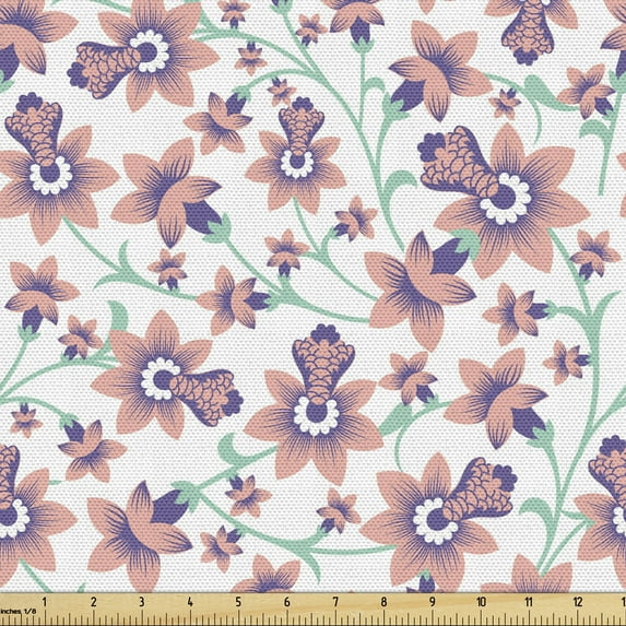 Floral Fabric by the Yard, Summer Style Retro Flowers with Curly Branches in Pastel Tones Repetition, Decorative Upholstery Fabric for Chairs & Home Accents, White and Multicolor by Ambesonne