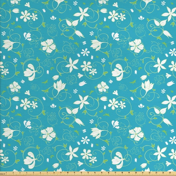 Ambesonne Floral Fabric by the Yard Upholstery, Swirled Stalks Foliage, 2 Yards, Green Blue White