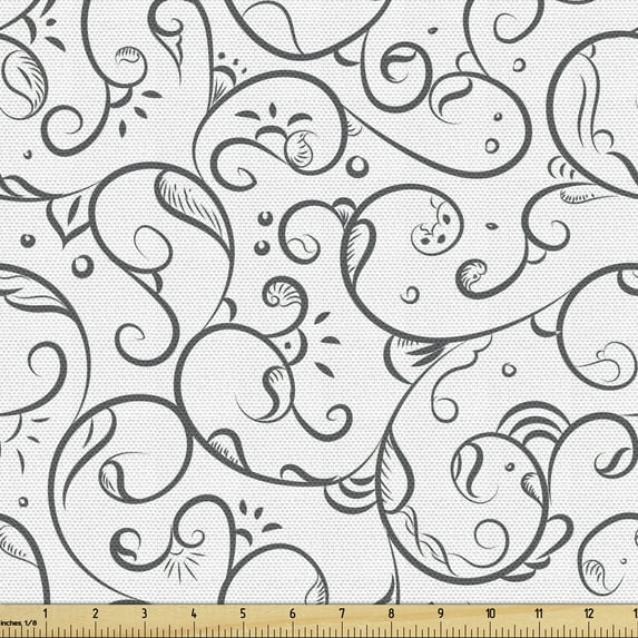 Ambesonne Floral Fabric by the Yard Upholstery, Grey Swirling Leaf Pattern, 10 Yards, Grey and White