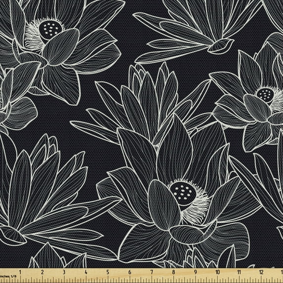 Ambesonne Floral Fabric by the Yard Upholstery, Lotus Flower Drawing, 2 Yards, Charcoal Grey Coconut