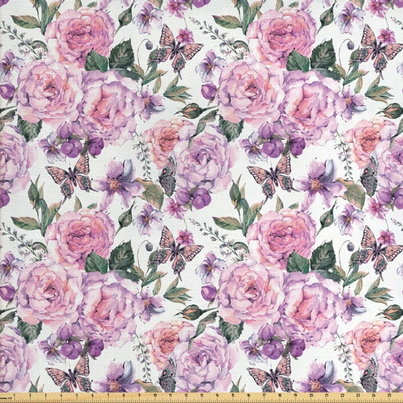 Ambesonne Floral Fabric by the Yard Upholstery, Swallowtails and Roses, 5 Yards, Multicolor