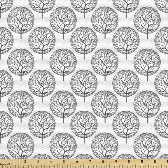 Ambesonne Garden Fabric by the Yard Upholstery, Leaves Circles, 1 Yard, Grey White
