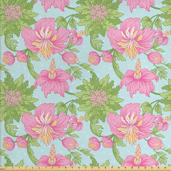 Ambesonne Floral Fabric by the Yard Upholstery, Tropical Hibiscus Blossom, 10 Yards, Fern Green Pale Pink