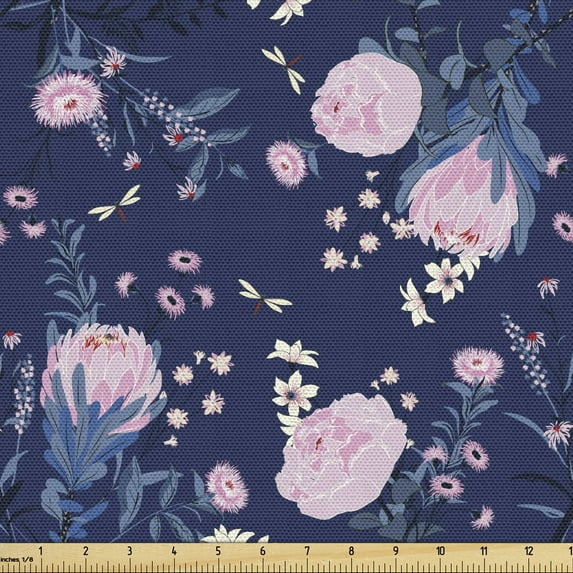 Ambesonne Floral Fabric by the Yard Upholstery, Pink Flowers Dragonflies, 1 Yard, Lavender and Mauve