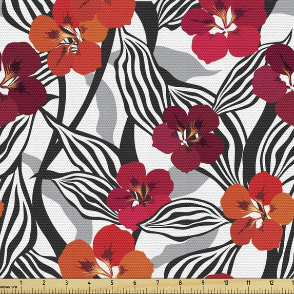 Ambesonne Floral Fabric by the Yard Upholstery, Flowers with Striped Leaves, 1 Yard, Vermilion Maroon
