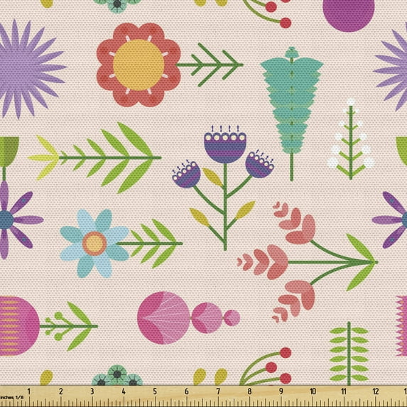 Ambesonne Floral Fabric by the Yard Upholstery, Flat Design Colorful Flowers, 5 Yards, Pale Peach and Multicolor