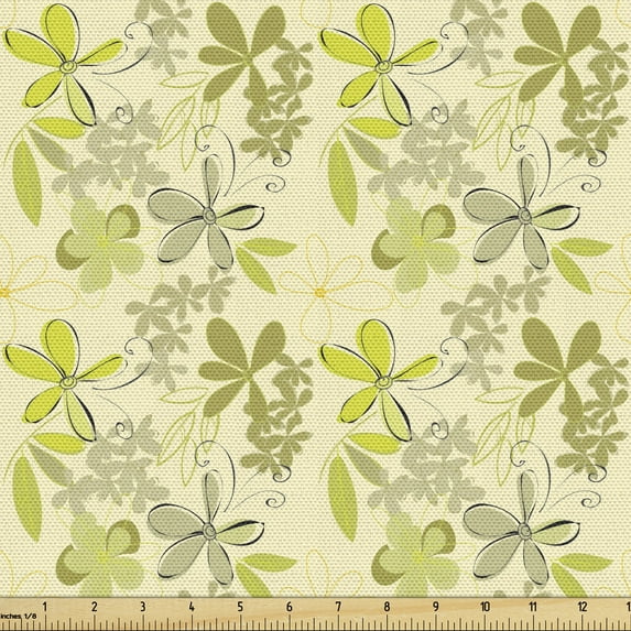 Floral Fabric by the Yard Upholstery, Abstract Spring Petals in Soft Tones Flourishing Season Essence Motif, Decorative Fabric for DIY and Home Accents, Pale Yellow Lime Green by Ambesonne