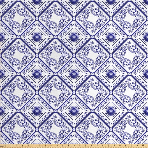 Ambesonne Flower Fabric by the Yard Upholstery, Art and Craft Flower, 10 Yards, White and Blue