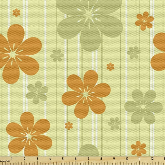 Ambesonne Floral Fabric by the Yard Upholstery, Retro Graphic Flowers, 1 Yard, Pale Green Orange