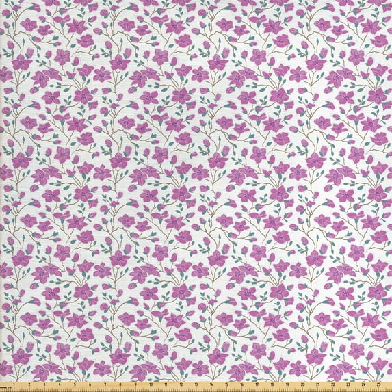 Ambesonne Floral Fabric by the Yard Upholstery, Magnolia Flower and Buds, 5 Yards, Almond Green Fuchsia