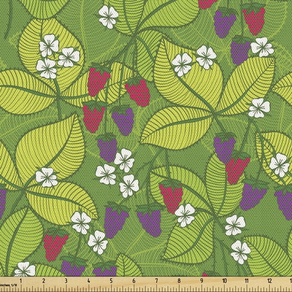 Floral Fabric by the Yard Upholstery, Blooming Berries Flowers and Leaves on Branches, Decorative Fabric for DIY and Home Accents, Lime Green Multicolor by Ambesonne