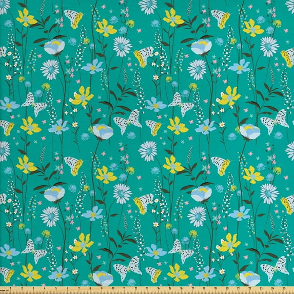 Ambesonne Floral Fabric by the Yard Upholstery, Wild Flowers and Butterflies, 2 Yards, Dark Seafoam and Multicolor