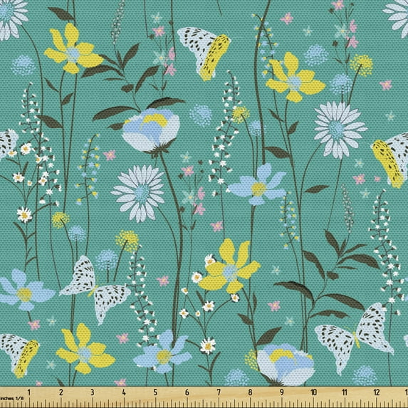 Ambesonne Floral Fabric by the Yard Upholstery, Wild Flowers and Butterflies, 1 Yard, Dark Seafoam and Multicolor