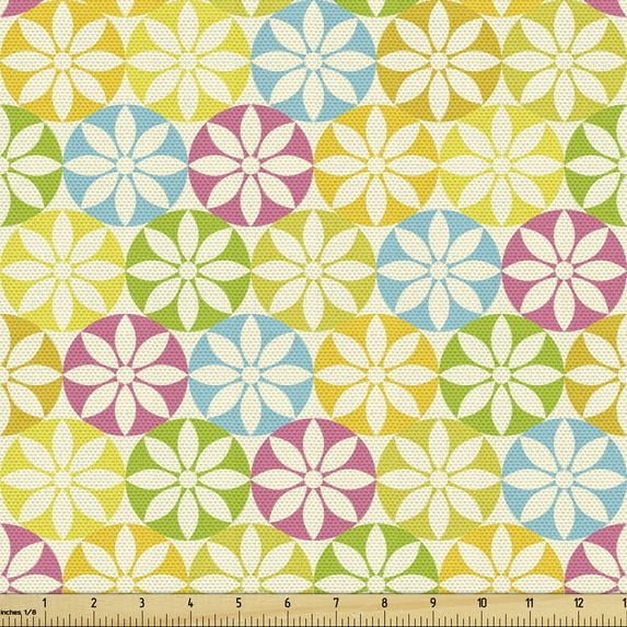 Floral Fabric by the Yard Upholstery, Botanical Theme Abstract Colorful Flowers in Circular Shapes on Plain Background, Decorative Fabric for DIY and Home Accents, Multicolor by Ambesonne