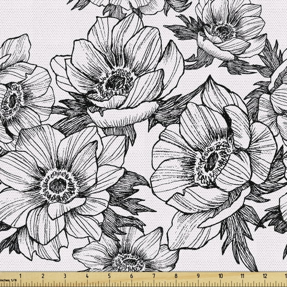 Ambesonne Floral Fabric by the Yard Upholstery, Hand Drawn Blossoms Sketch, 1 Yard, Charcoal Grey White