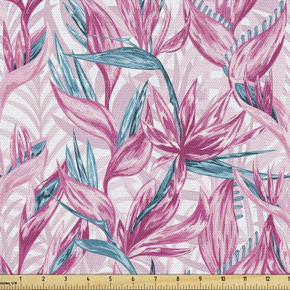 Ambesonne Floral Fabric by the Yard Upholstery, Hand Drawn Tropical Flowers, 2 Yards, Pink Dark Turquoise