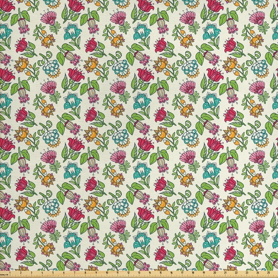 Floral Fabric by the Yard Upholstery, Colorful Detailed Flower Kinds Flourishing Ornamental Blooming Motifs, Decorative Fabric for DIY and Home Accents, Eggshell and Multicolor by Ambesonne