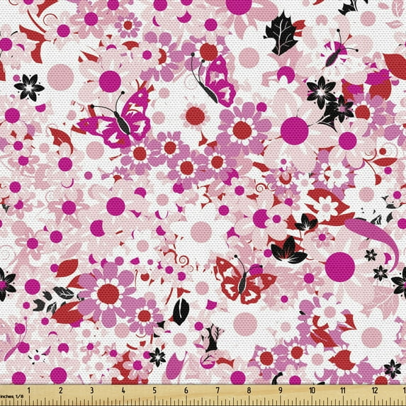 Floral Fabric by the Yard Upholstery, Continuous Butterflies Flower Petals Leaves Summer Arrangement Print, Decorative Fabric for DIY and Home Accents, White Hot Pink Vermilion by Ambesonne