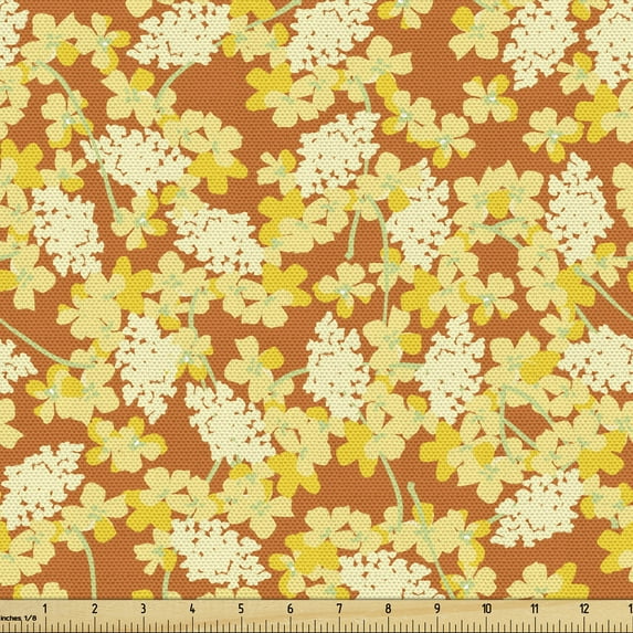 Floral Fabric by the Yard Upholstery, Continuous Flower Warm Sunny Tones, Decorative Fabric for DIY and Home Accents, Burnt Orange Pale Yellow by Ambesonne