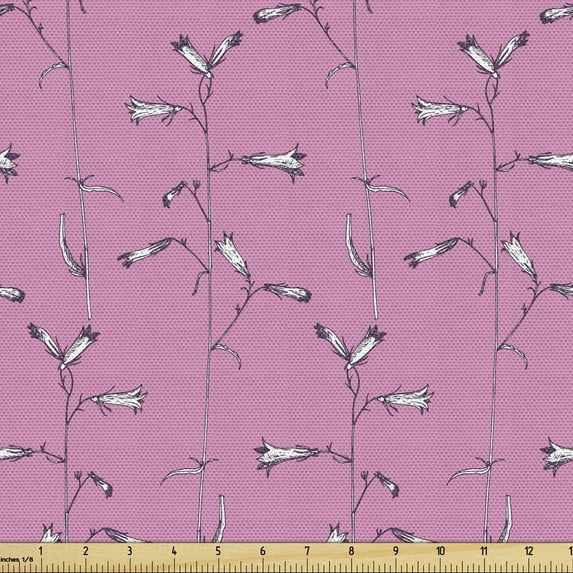 Ambesonne Floral Fabric by the Yard Upholstery, Continuous Hand Drawn Herbs, 2 Yards, Pink Eggplant and White