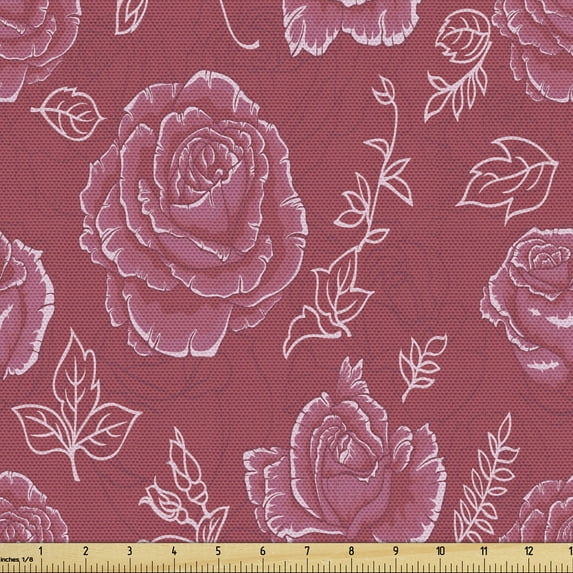 Floral Fabric by the Yard Upholstery, Continuous Rose Flowers Buds Leaves Twigs Spring Tone Vivid Illustration, Decorative Fabric for DIY and Home Accents, Dark Pink and White by Ambesonne