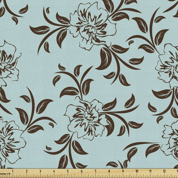 Ambesonne Floral Fabric by the Yard Upholstery, Curly Branches of Flowers, 2 Yards, Pale Blue Brown