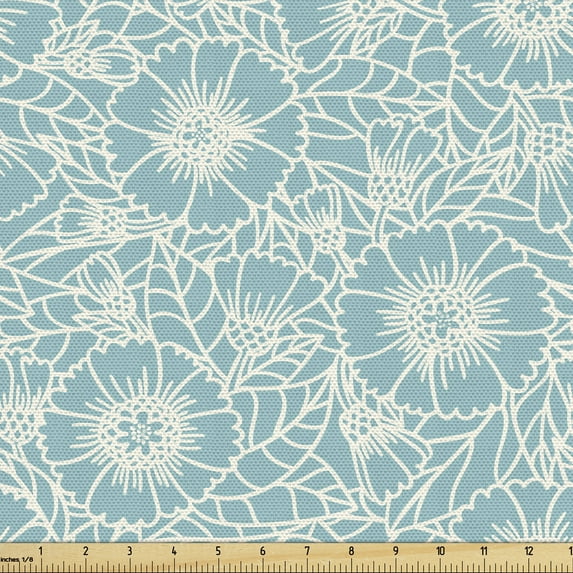 Ambesonne Floral Fabric by the Yard Upholstery, Daisy Blooms Outline Doodle, 1 Yard, Pale Blue Off White
