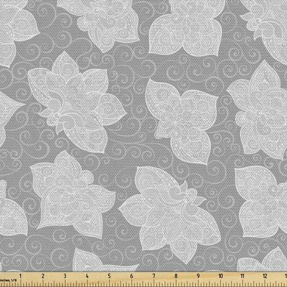 Floral Fabric by the Yard Upholstery, Detailed Ornaments Curlicue Zentangle Style Bicolored Flowers Illustration, Decorative Fabric for DIY and Home Accents, Pale Grey and Pearl by Ambesonne