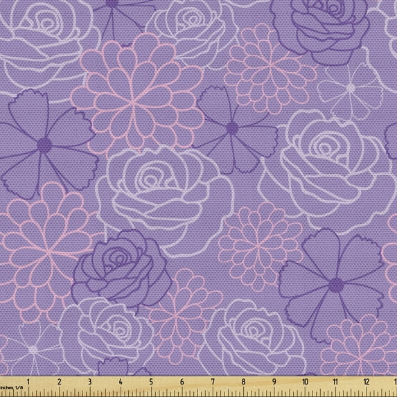 Ambesonne Floral Fabric by the Yard Upholstery, Doodle Flower Meadow Art, 3 Yards, Mauve and Pastel Pink