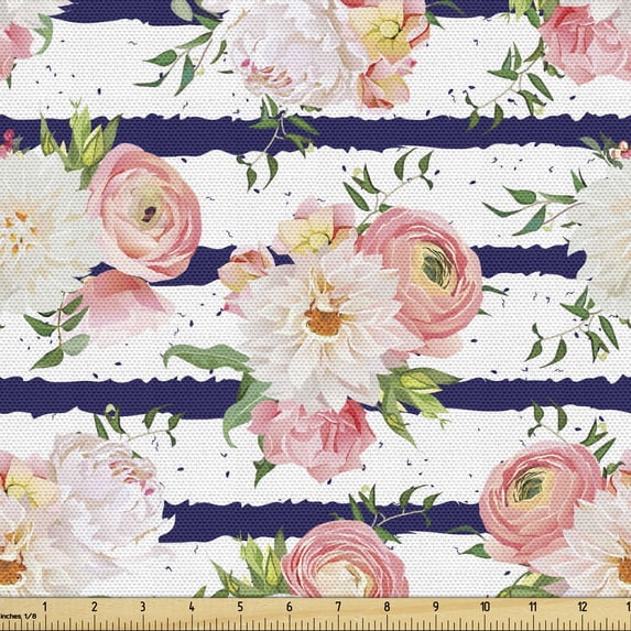 Ambesonne Floral Fabric by the Yard Upholstery, English Garden Navy Stripes, 1 Yard, Multicolor