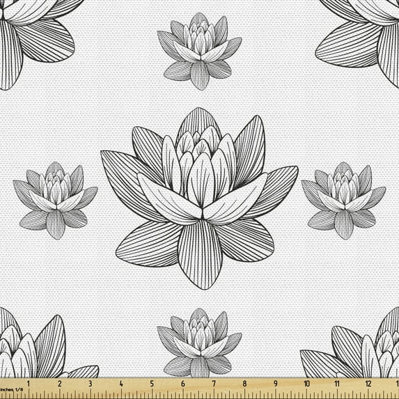 Floral Fabric by the Yard Upholstery, Engraved Water Lily Blossoms Yoga Flowers Lotus, Decorative Fabric for DIY and Home Accents, Black and White by Ambesonne