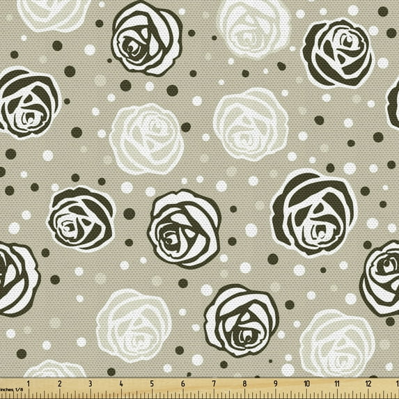 Floral Fabric by the Yard Upholstery, Flower Theme Rose Patterns on Dotted Background in Muted Colors, Decorative Fabric for DIY and Home Accents, Grey Yellow and Dark Brown by Ambesonne