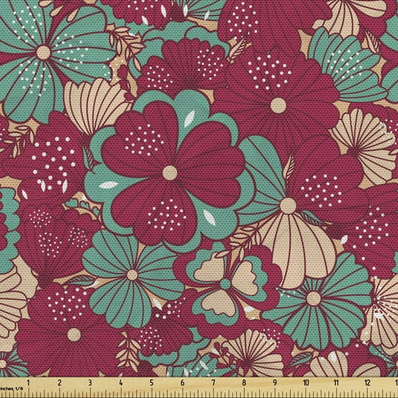 Ambesonne Floral Fabric by the Yard Upholstery, Folklore Flowers, 1 Yard, Peach Dark Coral