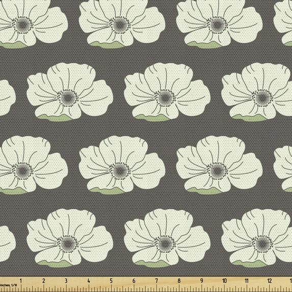 Floral Fabric by the Yard Upholstery, Graphical Illustration of Spring Time Blossoms Repeated Natural Garden, Decorative Fabric for DIY and Home Accents, Grey and Pastel Green by Ambesonne