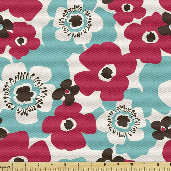 Ambesonne Floral Fabric by the Yard Upholstery, Spring Nature Retro Sixties, 10 Yards, Dark Coral Blue