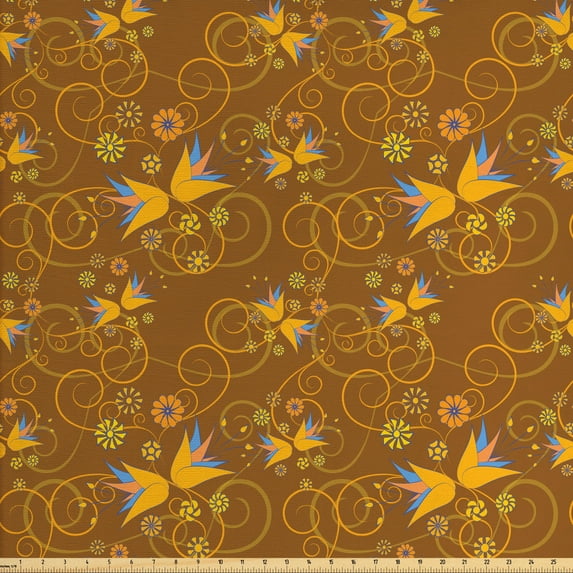 Ambesonne Floral Fabric by the Yard Upholstery, Bellflower and Swirls, 5 Yards, Ginger Orange