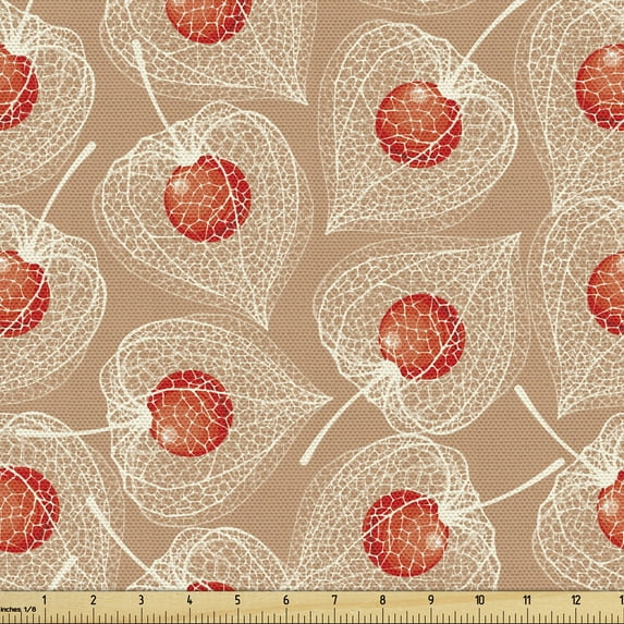 Floral Fabric by the Yard Upholstery, Image of Cape Gooseberries with Husk and Fruit Inside, Decorative Fabric for DIY and Home Accents, Warm Taupe Vermilion by Ambesonne