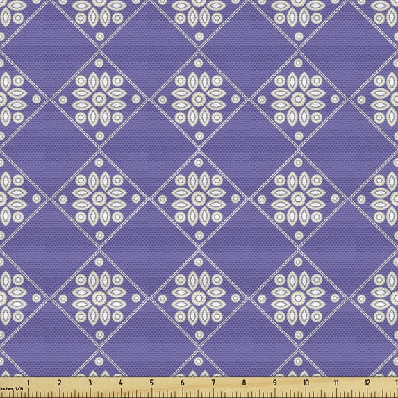 Floral Fabric by the Yard Upholstery, Monochrome Mosaic Traditional Ethnic Style Geometric Stripes Boho Print, Decorative Fabric for DIY and Home Accents, Blue Violet Eggshell by Ambesonne