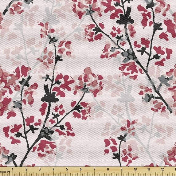 Ambesonne Floral Fabric by the Yard Upholstery, Nature Inspired Branches, 1 Yard, Rose Ruby Black