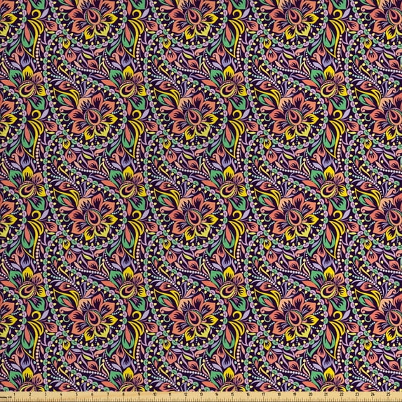 Ambesonne Floral Fabric by the Yard Upholstery, Colorful Paisley Ornaments, 10 Yards, Multicolor