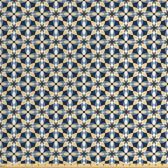 Ambesonne Floral Fabric by the Yard Upholstery, Abstract Ornament Tile, 2 Yards, Dark Blue Pale Mustard
