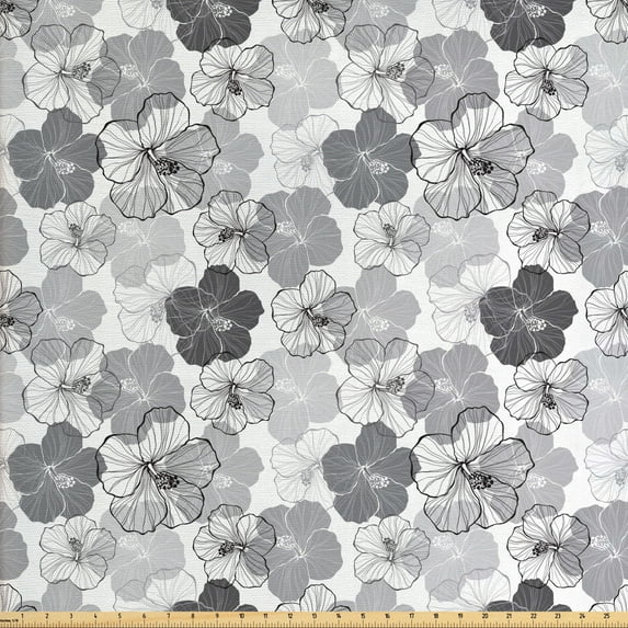 Floral Fabric by the Yard Upholstery, Overview of Hibiscus Flower Silhouettes, Decorative Fabric for DIY and Home Accents, Purpleblue Pale Taupe by Ambesonne