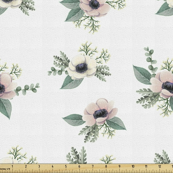 Ambesonne Floral Fabric by the Yard Upholstery, Anemone Flower Paintings, 1 Yard, White Multicolor