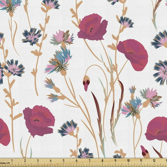 Ambesonne Floral Fabric by the Yard Upholstery, Calm Tones Wildflowers Art, 10 Yards, Dark Magenta Multicolor