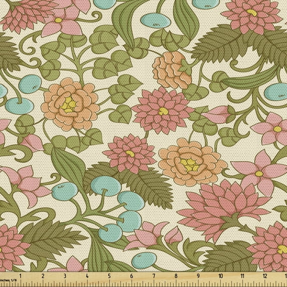 Floral Fabric by the Yard Upholstery, Pastel Vintage Art Pattern with Continuous Flowers and Berries Swirl Branches, Decorative Fabric for DIY and Home Accents, Cream Multicolor by Ambesonne